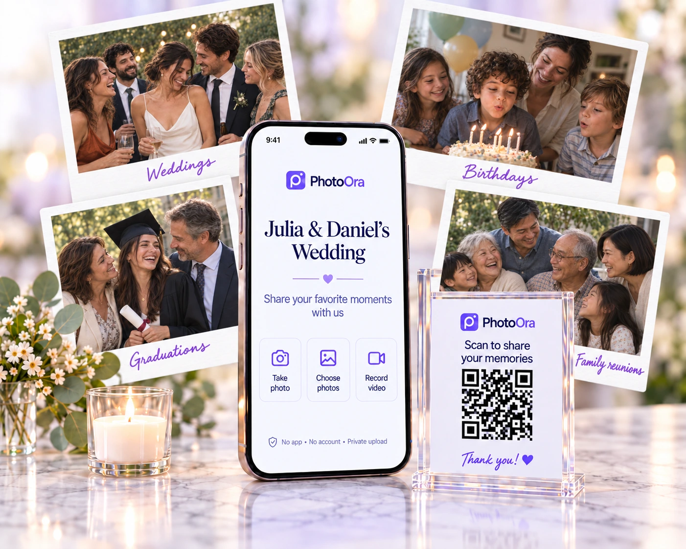 Candid wedding, birthday, graduation and family reunion photos in Polaroid-style prints with handwritten captions, surrounding a PhotoOra phone and clear QR sign.